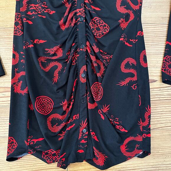 Timing black red Asian print long sleeve button down ruched dress SIZE L - Picture 3 of 5